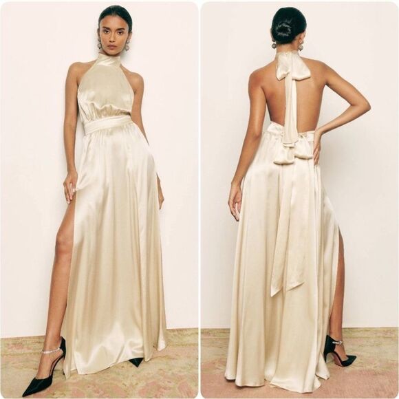 NEW Reformation Alani Dress 100% Silk Halter Tie Back Full Skirt Gown Size 14 - Picture 1 of 8